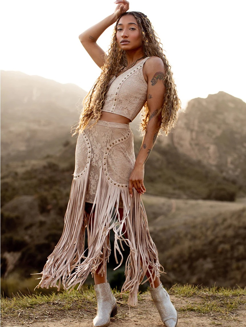 Joyfolie WEY SET IN TAUPE Bohemian Fringe Midi Skirt in Beige